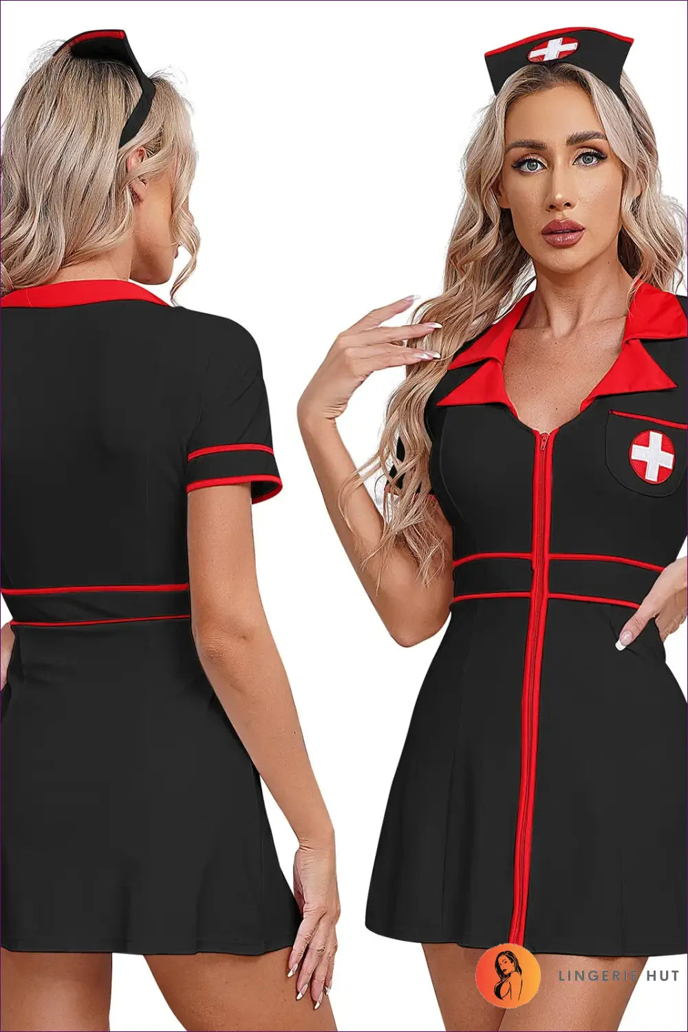 Nurse Costume with Red Piping - Fantasy Roleplay Ready - Black / s - Outfit Set - Lingerie Hut - Clubwear • Evening