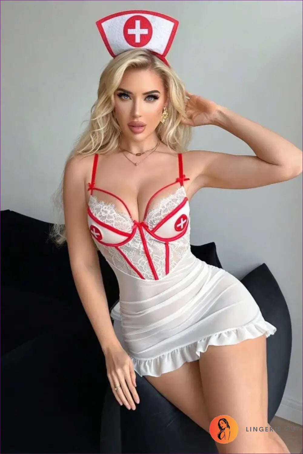 Nurse Costume with Ruffled Hem and Cross-patch Bust - After Dark - White Hat / s - Clubwear • Halloween
