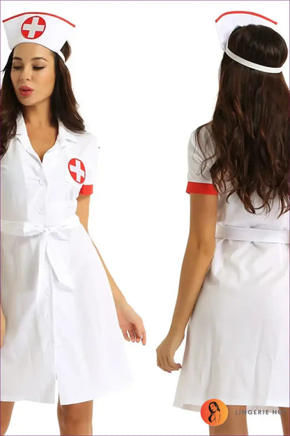 Nurse Costume Set with Button-up Dress and Hat - Confident Character for Boudoir, Clubwear, Costume, Dress,