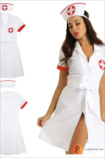 Nurse Costume Set with Button-up Dress and Hat - Confident Character for Boudoir, Clubwear, Costume, Dress,