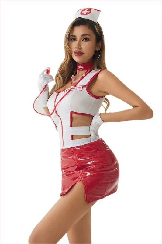 Nurse Costume Set with Faux Leather Skirt - Statement After-dark for Boudoir, Choker, Clubwear, Costume,