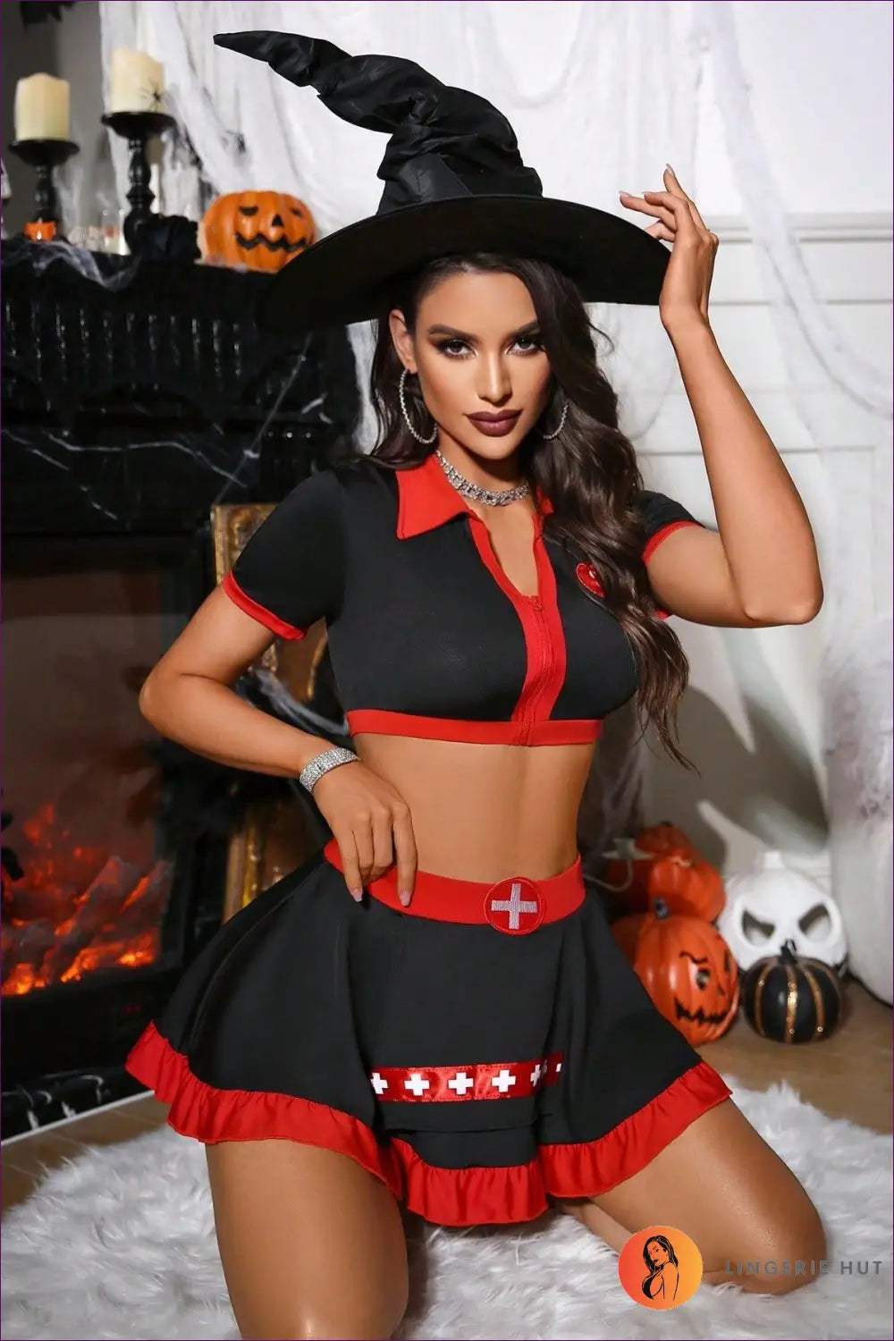 Nurse Costume Set with Ruched Zipper Detail - Bold Confidence - s / Black - Halloween • just in • Role Play • Sexy