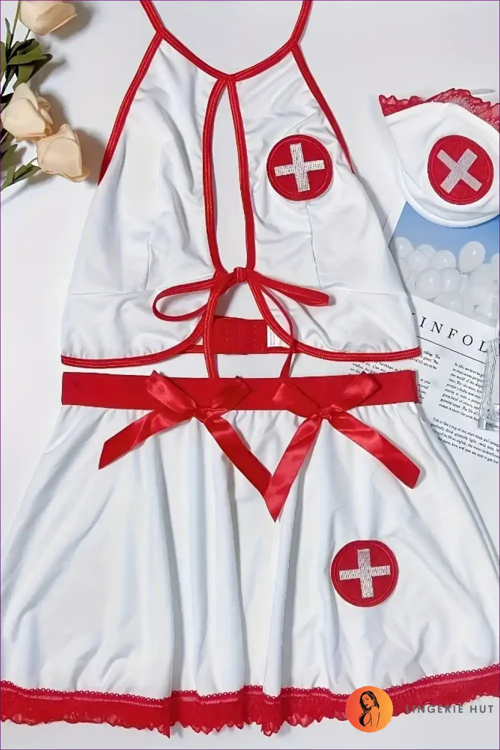 Nurse Costume Set with Tie-front Top and Flared Skirt - Sweet Confidence for Boudoir, Costume, Halter,