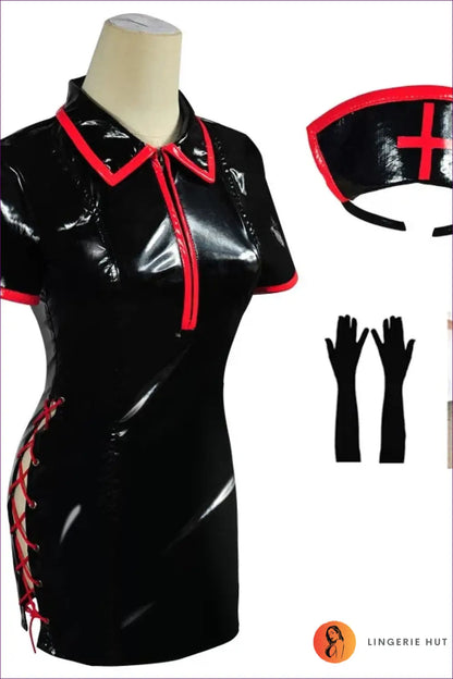 Nurse Costume Shirt Dress - Anime Fantasy Roleplay Ready - Black Dress / s - Lingerie Hut - Clubwear • Cutout • Evening