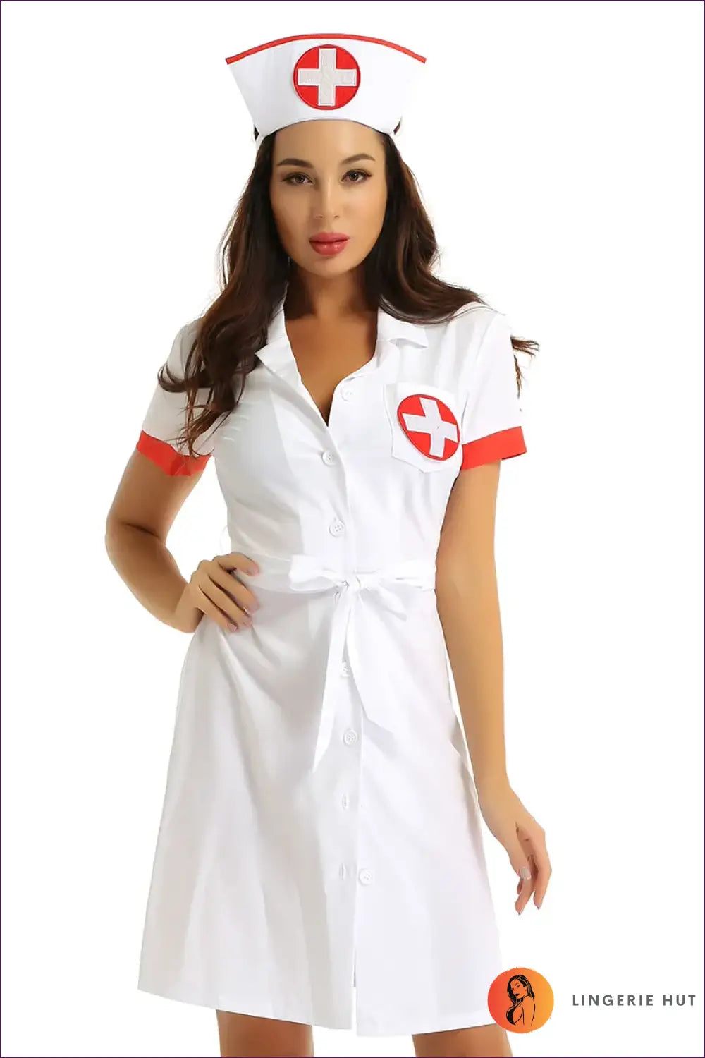 Nurse Costume Shirt Dress with Hat - Fantasy Roleplay Ready - White / s - Lingerie Hut - Halloween • Mini • Modest