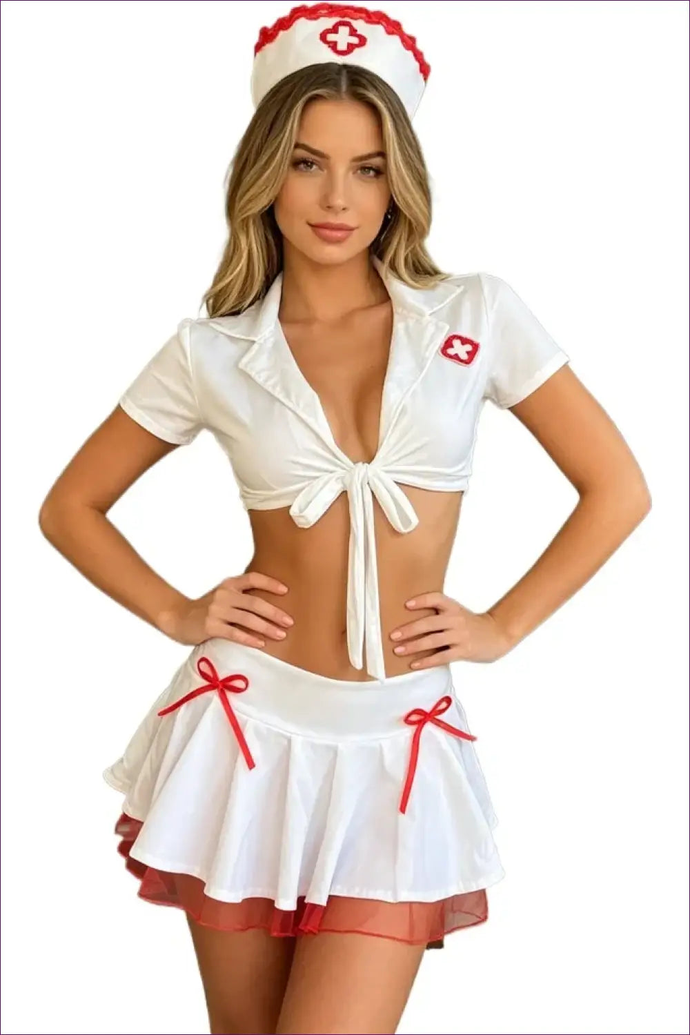 Nurse Costume with Tie-front Crop Top - Caretaker Charm - Halloween • just in • Party • Role Play - Lingerie Hut