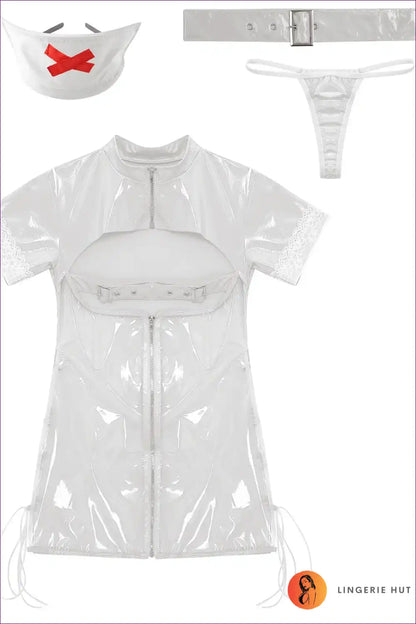 Nurse-inspired Leather Mini Dress & Accessories Lingerie Set for Boudior, Costume, Date Night, Evening Wear,