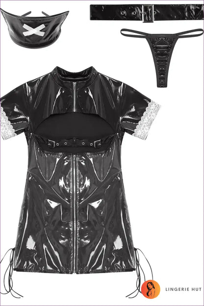 Nurse-inspired Leather Mini Dress & Accessories Lingerie Set for Boudior, Costume, Date Night, Evening Wear,