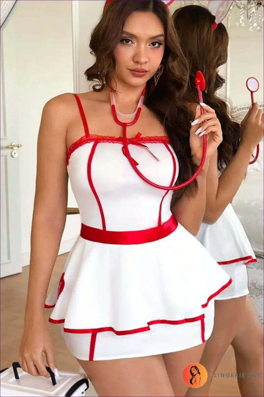 Nurse Peplum Costume with Heart Pocket - Soft Fantasy Night - Babydoll • Boudoir • Halloween • just in - Lingerie Hut