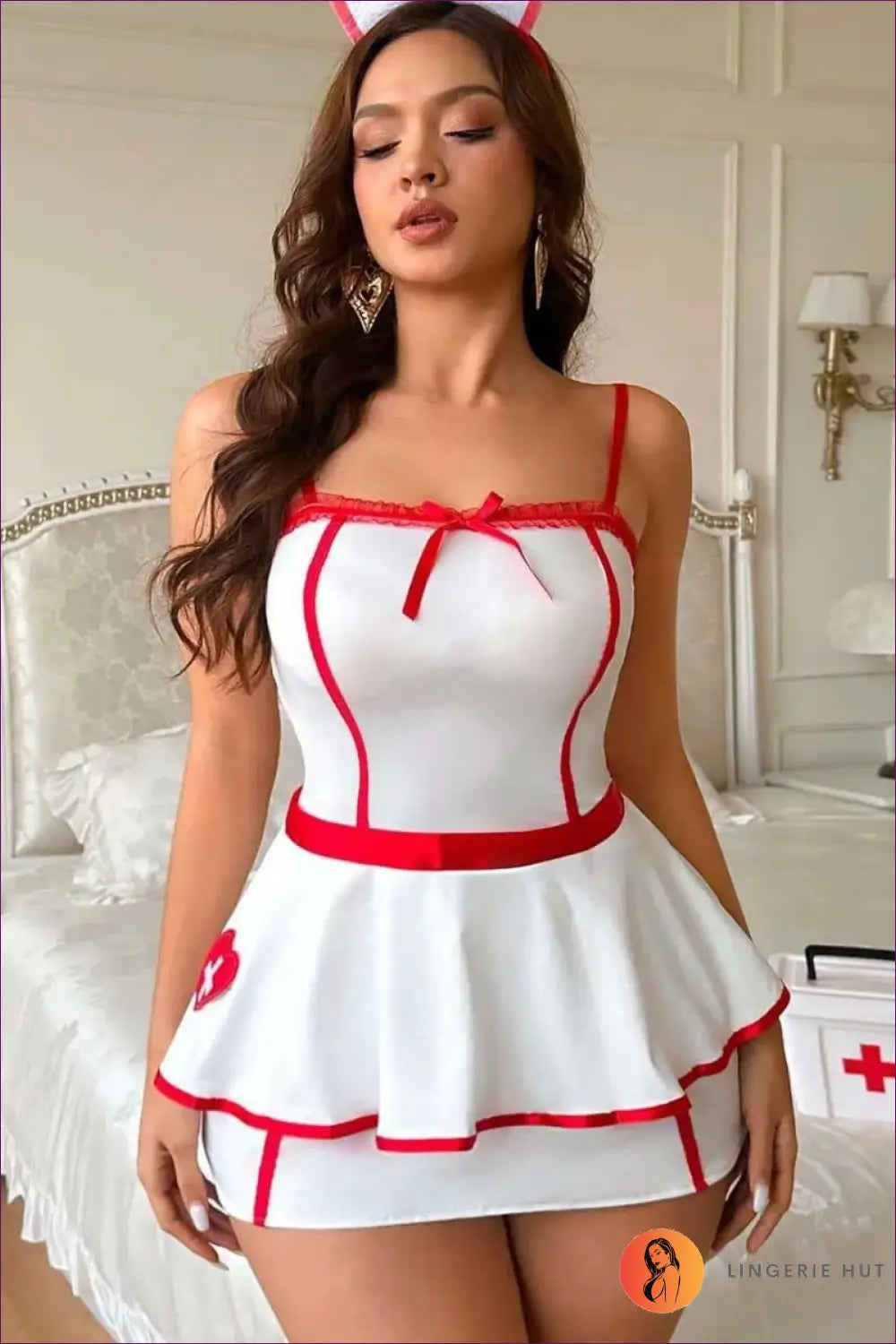 Nurse Peplum Costume with Heart Pocket - Soft Fantasy Night - 01 / s - Babydoll • Boudoir • Halloween