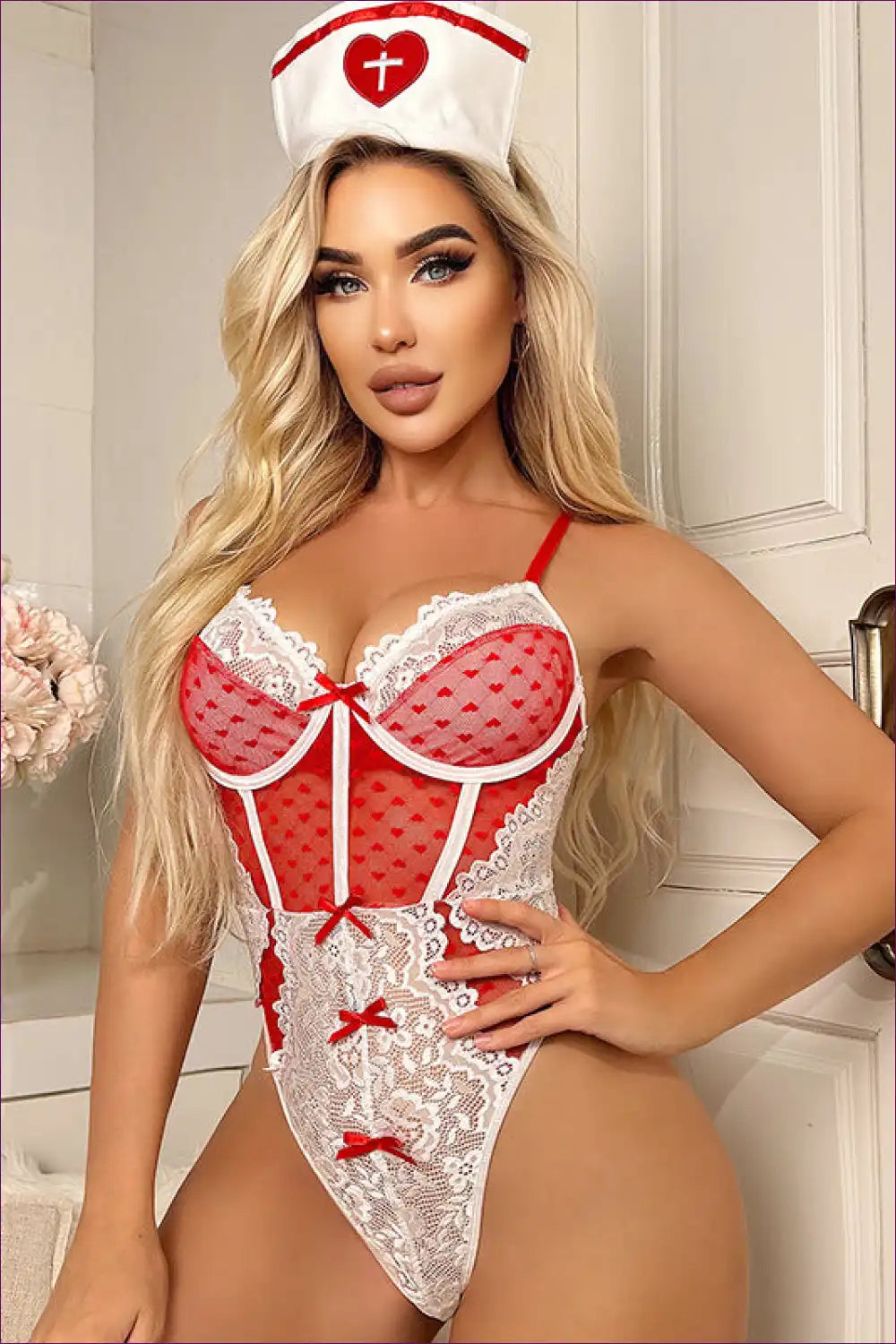 Nurse Role-play Jumpsuit - Lace Bow Heart Cut-outs for Costume, Lace, Nurse, Party, Polyester