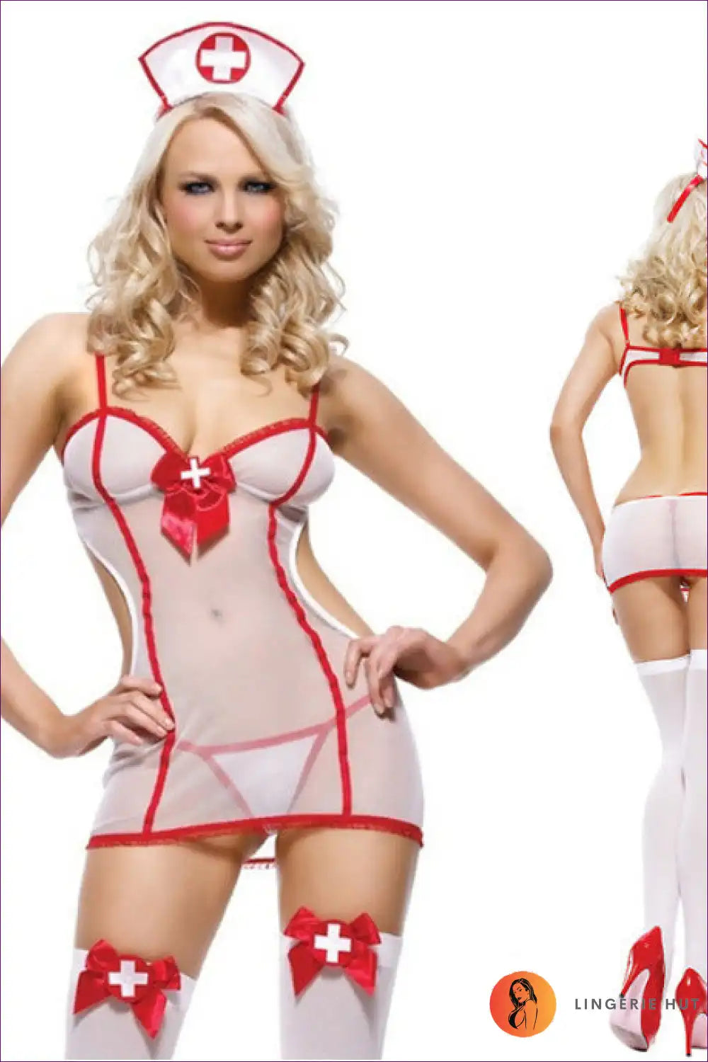 Nurse Role-play Jumpsuit - Mesh Lace Cutout Design for Clubwear, Costume, Cutout, Lace,