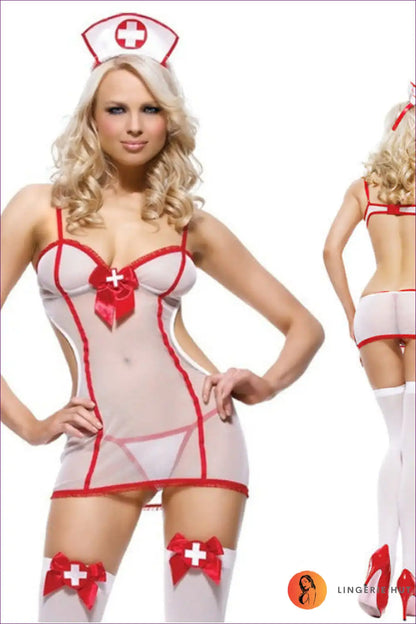 Nurse Role-play Jumpsuit - Mesh Lace Cutout Design for Clubwear, Costume, Cutout, Lace,