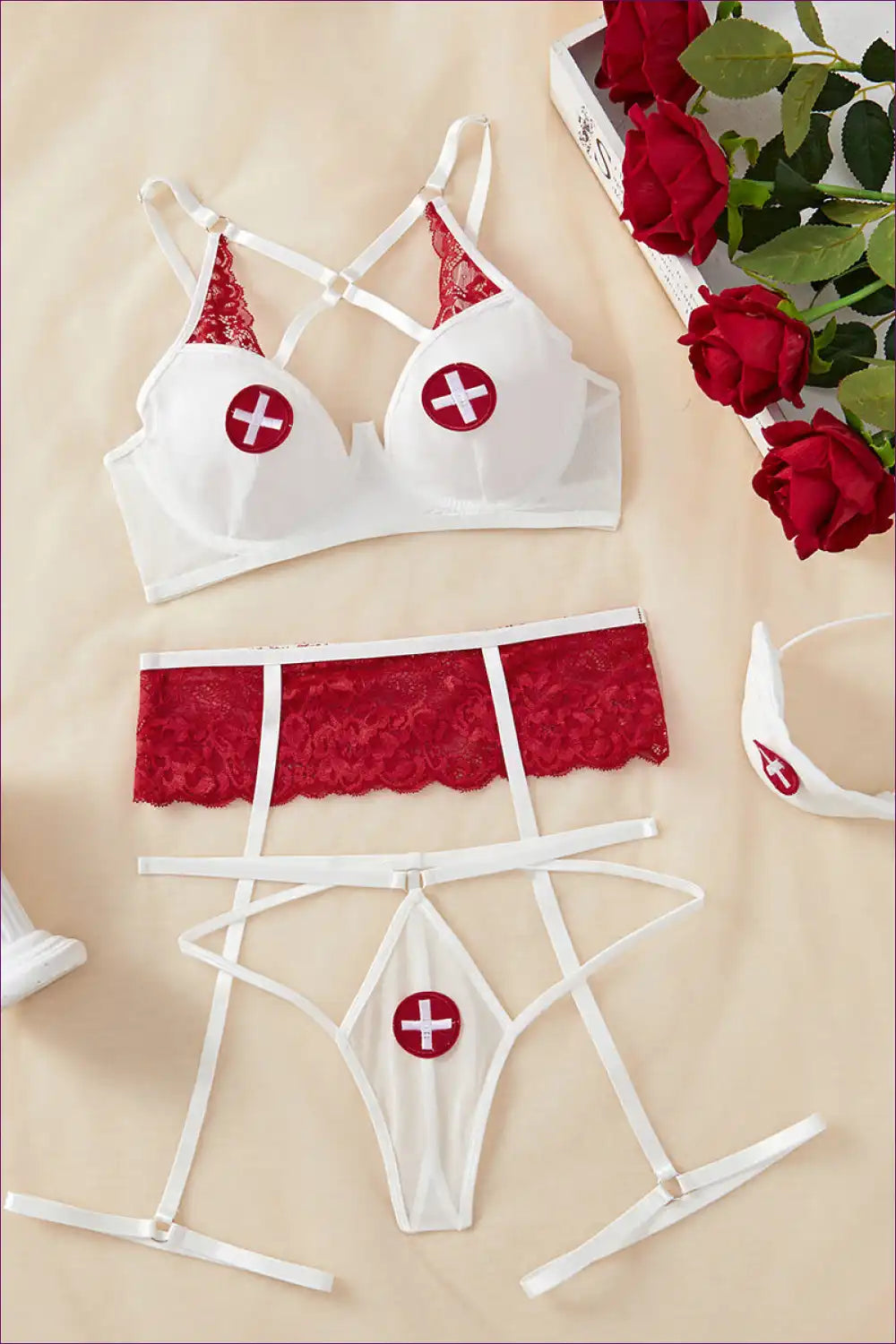 Nurse Role-play Lingerie Set - Lace & Patchwork Details for Costume, Lingerie, Nightwear, Nurse, Party
