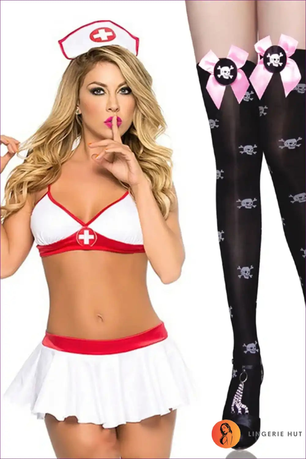 Nurse Roleplay Costume with Crisscross Cap and Bow Skirt - Cosplay Chic for Boudoir, Clubwear, Costume,