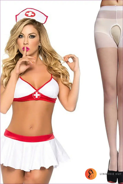 Nurse Roleplay Costume with Crisscross Cap and Bow Skirt - Cosplay Chic for Boudoir, Clubwear, Costume,