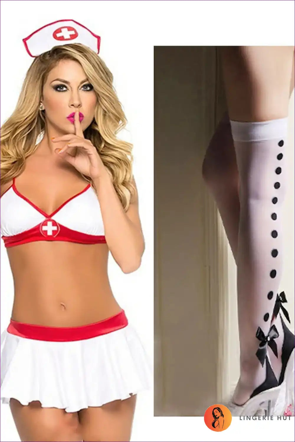 Nurse Roleplay Costume with Crisscross Cap and Bow Skirt - Cosplay Chic for Boudoir, Clubwear, Costume,