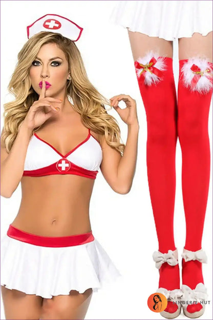 Nurse Roleplay Costume with Crisscross Cap and Bow Skirt - Cosplay Chic for Boudoir, Clubwear, Costume,