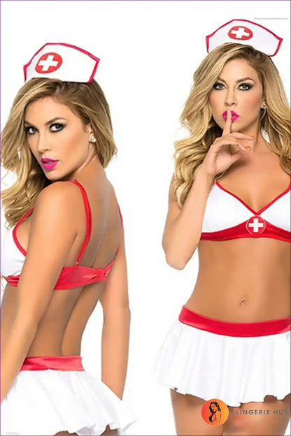 Nurse Roleplay Costume with Crisscross Cap and Bow Skirt - Cosplay Chic for Boudoir, Clubwear, Costume,
