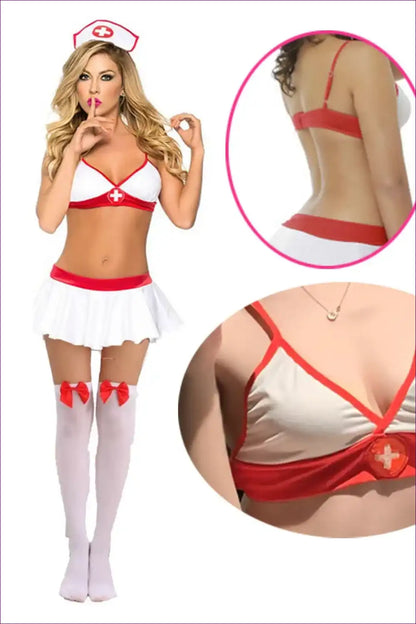 Nurse Roleplay Costume with Crisscross Cap and Bow Skirt - Cosplay Chic for Boudoir, Clubwear, Costume,