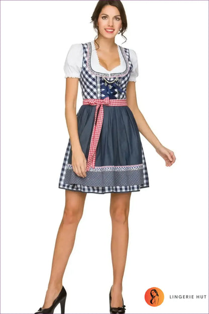 Oktoberfest Dirndl Costume with Bow Apron - Alpine Elegance - Blue / s - just in • Maid • Party - Lingerie Hut
