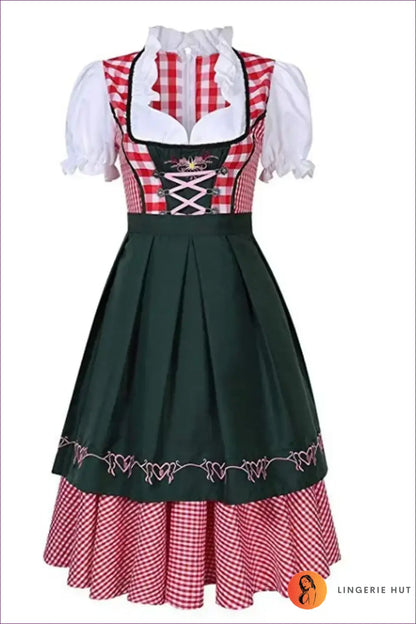 Oktoberfest Dirndl Costume with Ruffle Blouse - Alpine Charm - Plaid Army Green / s - just in • Party • Role Play