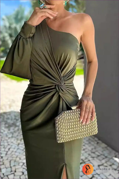 Olive Elegance One-shoulder Maxi Dress - Sleek Sophistication for Dress, Glamour, Maxi, Night Out, Party