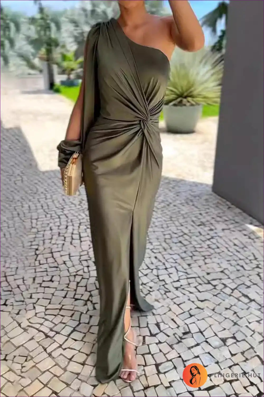 Olive Elegance One-shoulder Maxi Dress - Sleek Sophistication for Dress, Glamour, Maxi, Night Out, Party