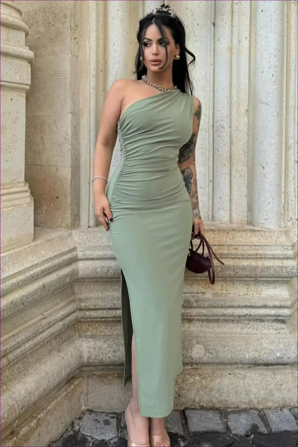 Olive One-shoulder Ruched Maxi Dress - Timeless Elegance for Autumn, Bodycon, Date Night, Dress, Glamour