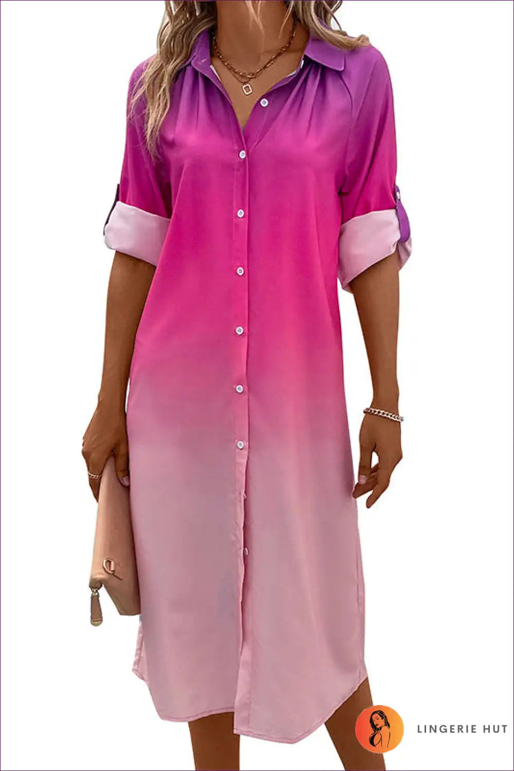 Ombre Shirt Dress with Button Front - Gradient Style for Casual, Everyday, Midi, Polyester,