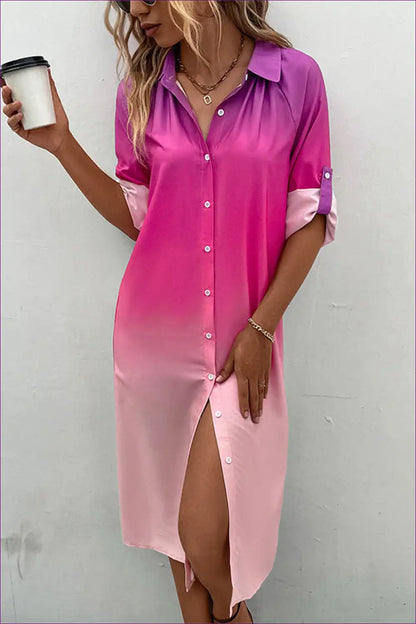 Ombre Shirt Dress with Button Front - Gradient Style for Casual, Everyday, Midi, Polyester,
