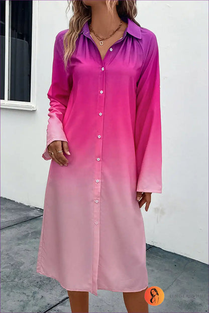Ombre Shirt Dress with Button Front - Gradient Style for Casual, Everyday, Midi, Polyester,