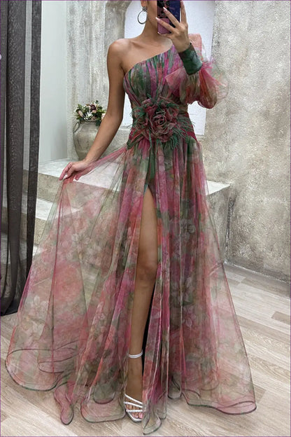 One-shoulder Floral Tulle Gown - Enchanting Elegance for Date Night, Dress, Glamour, Maxi, Party