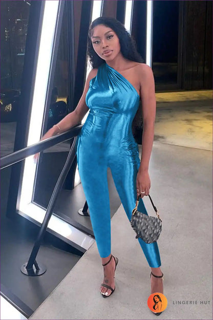 One-shoulder Shiny Jumpsuit - Sleek Stylish and Bold for Autumn, Clubwear, Glamour, Jumpsuit, Latex