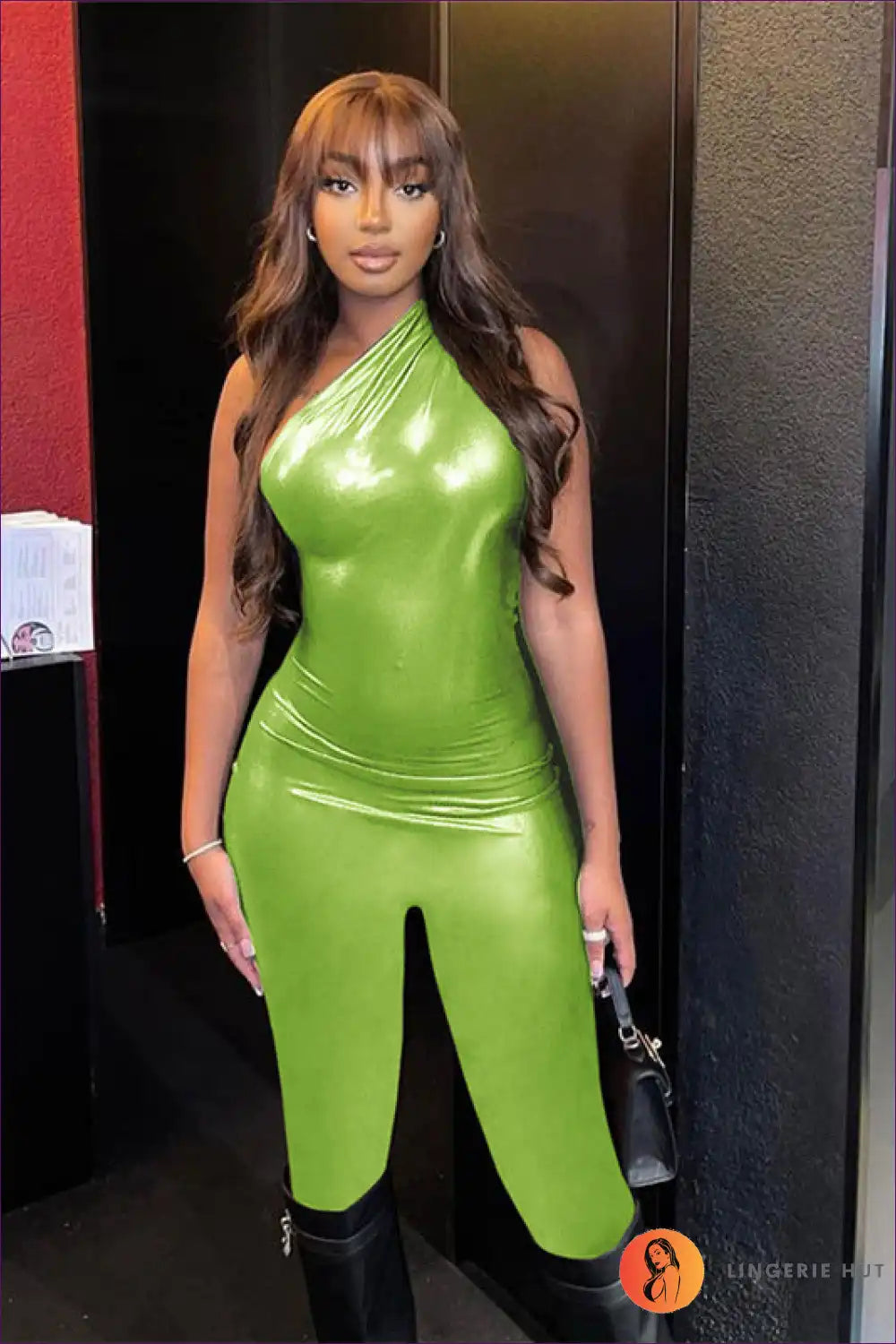 One-shoulder Shiny Jumpsuit - Sleek Stylish and Bold for Autumn, Clubwear, Glamour, Jumpsuit, Latex