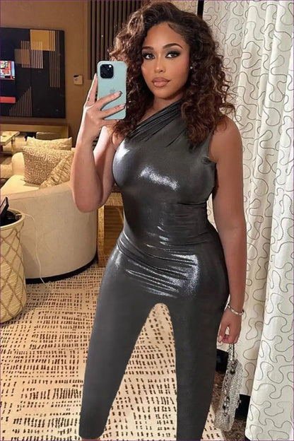 One-shoulder Shiny Jumpsuit - Sleek Stylish and Bold for Autumn, Clubwear, Glamour, Jumpsuit, Latex