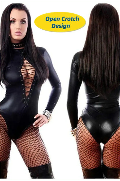 Open Crotch Bodysuit with Lace-up Front - Daring Confidence for Bodysuit, Clubwear, Cutout, Evening Wear,