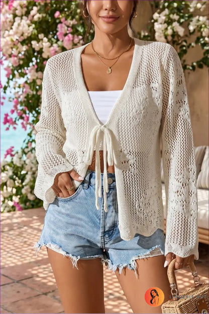 Open Front Crochet Cover Up Cardigan with Tie Waist - Coastal Ease - Top - Casual • Everyday • just in • Summer
