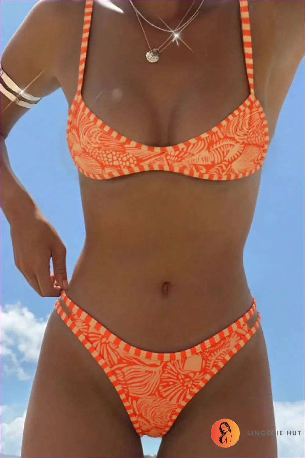 Orange Printed Bikini Set with High-waist Bottoms - Seaside Escape - s / Beachwear • Boho • just in • Polyester • Sexy