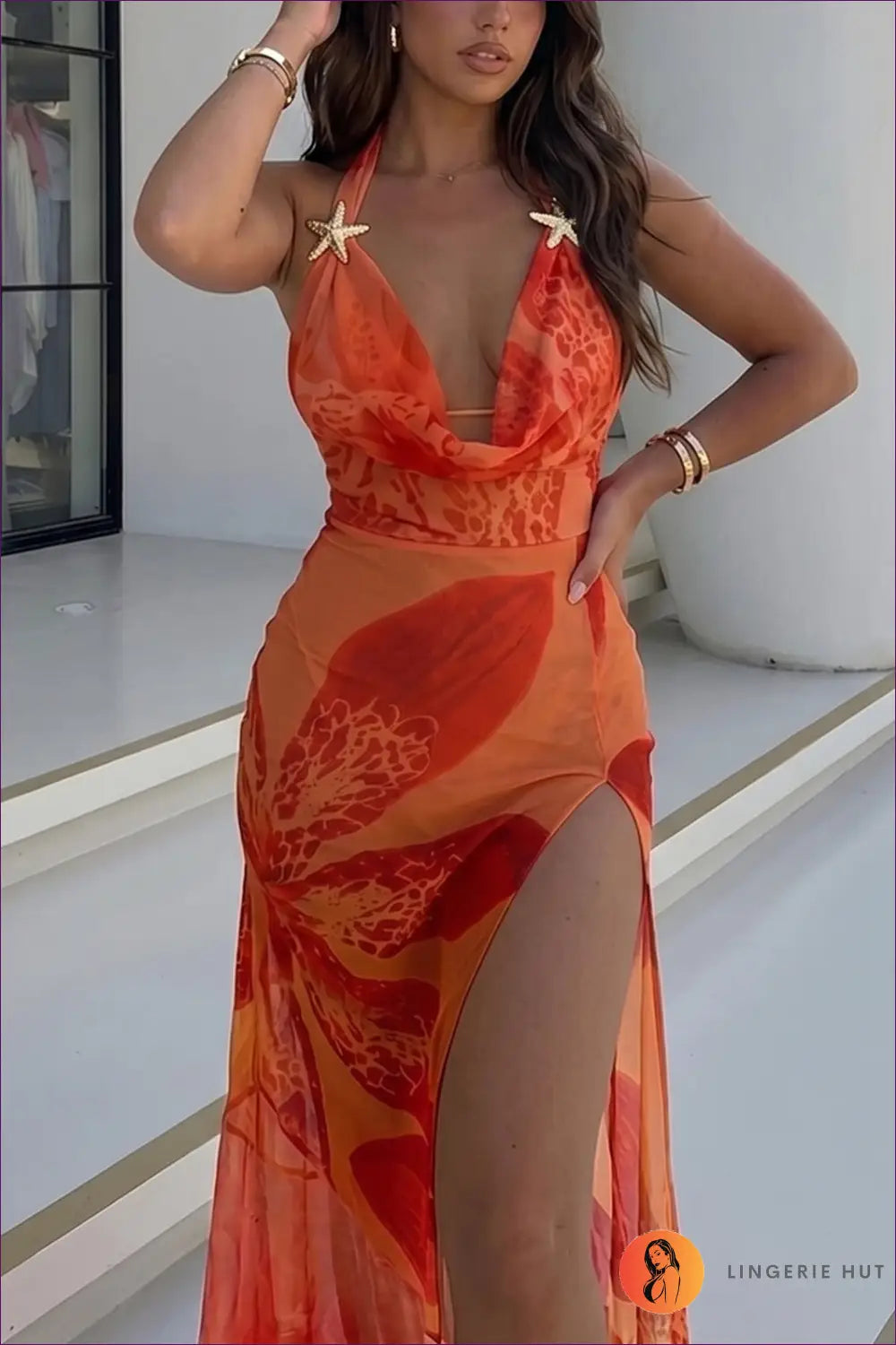 Orange Printed Mesh Maxi Dress with Halter Neckline - Sunset Escape - s / Dresses • Glamour • just in • Lingerie Hut