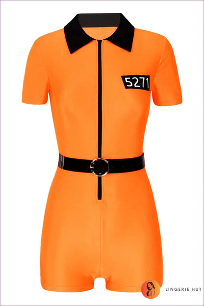 Orange Prisoner Jumpsuit Costume with Belt - Festival Ready for Casual, Clubwear, Costume, Everyday, Halloween