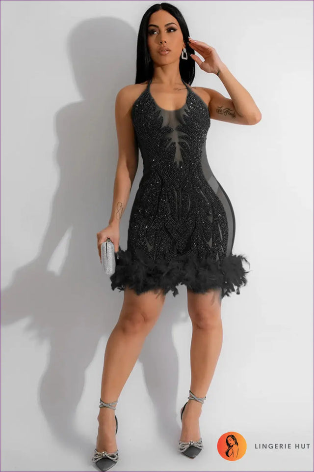 Orange Sequin Feather Hem Mini Bodycon Dress - Halter