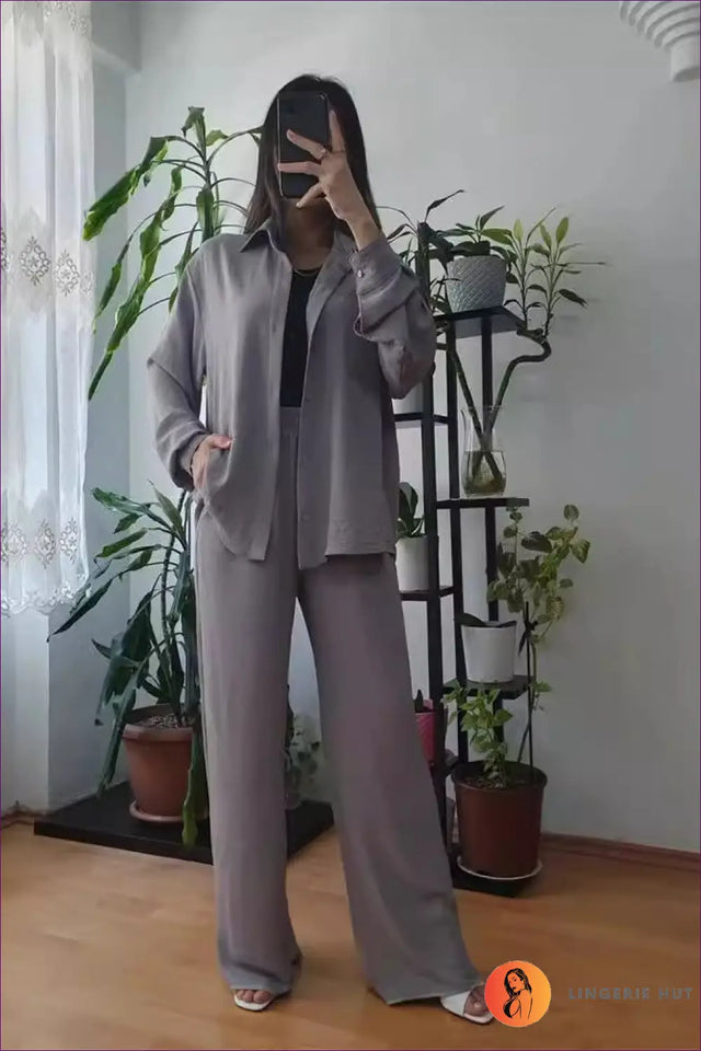 Co Ord Set with Wide-Leg Trousers - Polished Comfort