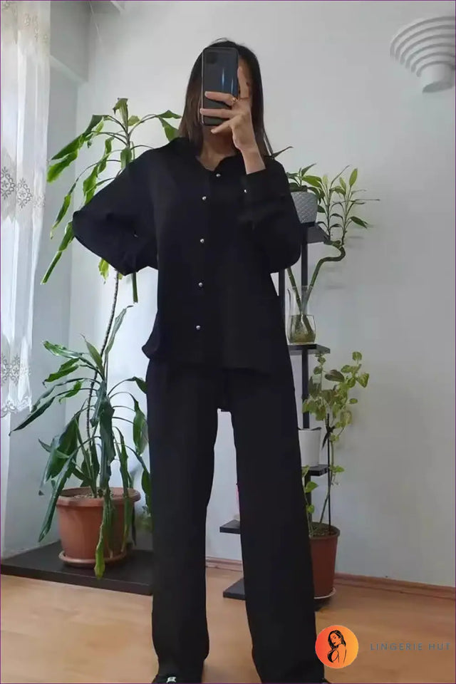 Co Ord Set with Wide-Leg Trousers - Polished Comfort