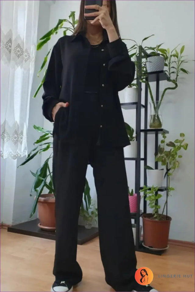 Co Ord Set with Wide-Leg Trousers - Polished Comfort