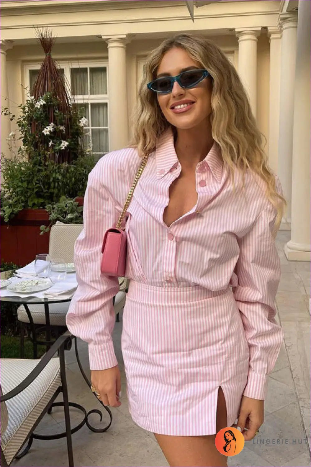 Co Ord with Striped Shirt & Sheath Skirt - Empowered Elegance - s / Pink - Outfit Sets - Lingerie Hut - Blouse • Cotton