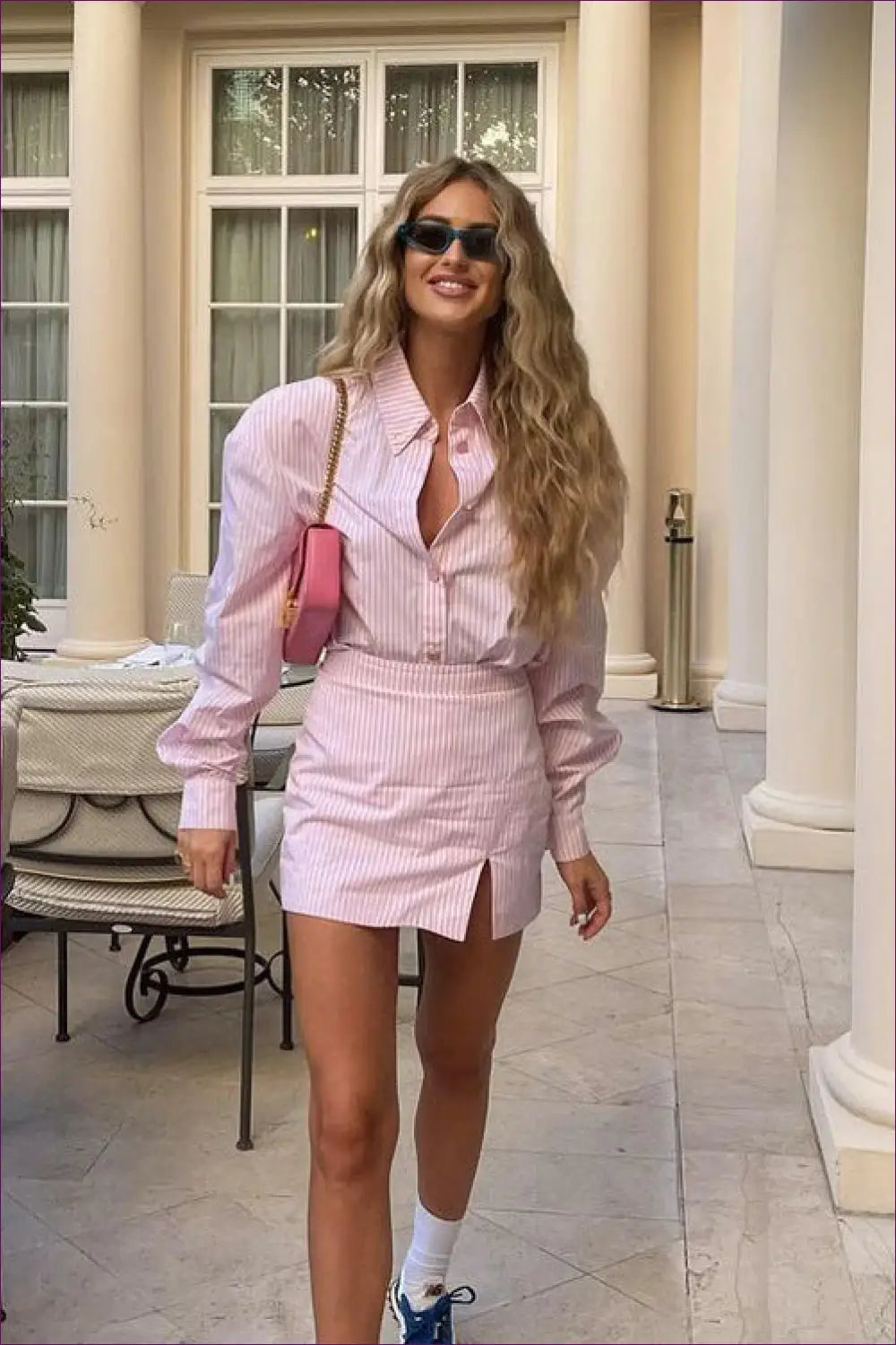 Co Ord with Striped Shirt & Sheath Skirt - Empowered Elegance - Outfit Sets - Lingerie Hut - Blouse • Cotton • Everyday