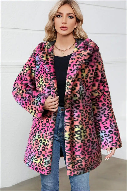 Oversized Animal Print Faux Fur Coat for Cold-weather Layers Animal, Casual, Outerwear, Polyester, Winter