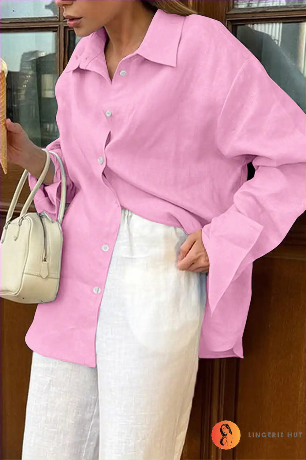 Oversized Shirt with Button Front - Borrowed from Him for All Season, Blouse, Casual, Cotton, Everyday