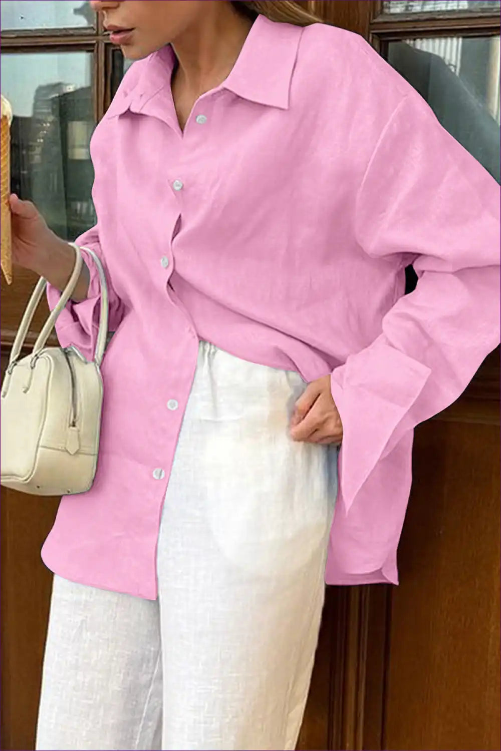 Oversized Shirt with Button Front - Borrowed from Him for All Season, Blouse, Casual, Cotton, Everyday